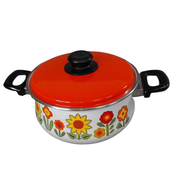 Retro Floral Enamel Cook Pot with Lid – Red/Yellow Flowers 2-Qt - Picture 4 of 12